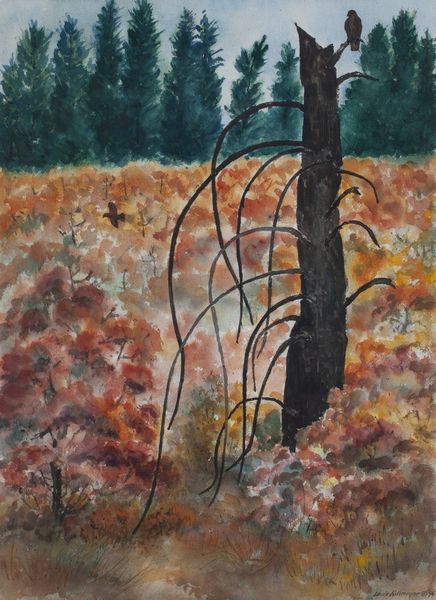Watercolor by Louis Kollmeyer titled “Burned Snag with Hawks”, 21.5 × 29 inches