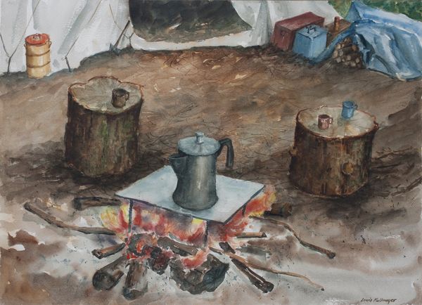 Watercolor by Louis Kollmeyer titled “Elk Camp Coffee Pot”, 21 × 29 inches