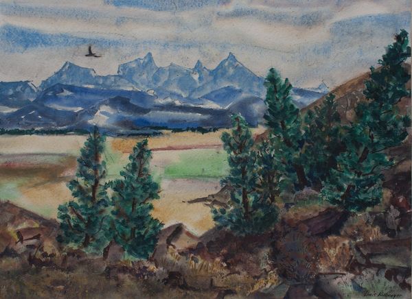 Watercolor by Louis Kollmeyer titled “Far Peaks”, 29 × 21 inches