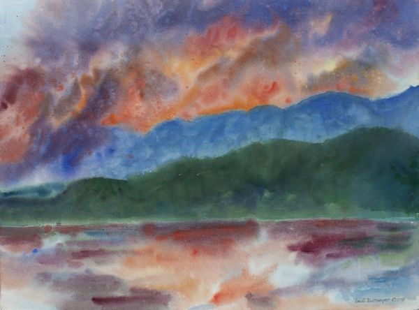 Watercolor by Louis Kollmeyer titled “Forest Fire Across the Lake”, 22 × 29.75 inches