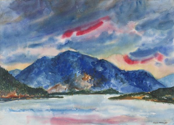 Watercolor by Louis Kollmeyer titled “Mountain Storm with Lake”, 29.5 × 21.5 inches