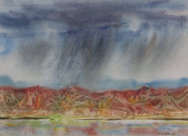 Watercolor by Louis Kollmeyer titled “Rain and Red Hills”, 21 × 29 inches