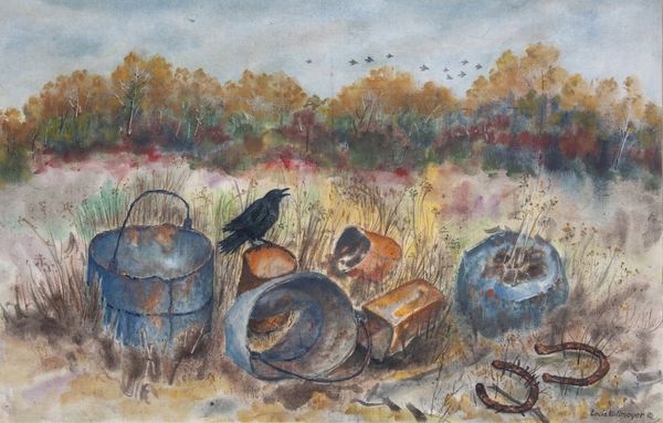 Watercolor by Louis Kollmeyer titled “Rusting Away”, 34 × 21.5 inches
