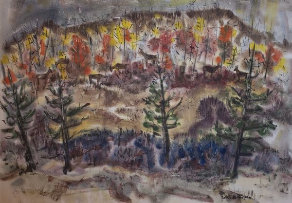 Watercolor by Louis Kollmeyer titled “Untitled(deer)”, 29 × 21 inches