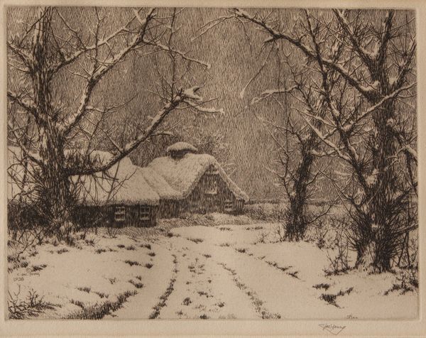 Drypoint by C. Joe Young titled “Winter”, 8.5 × 10 inches