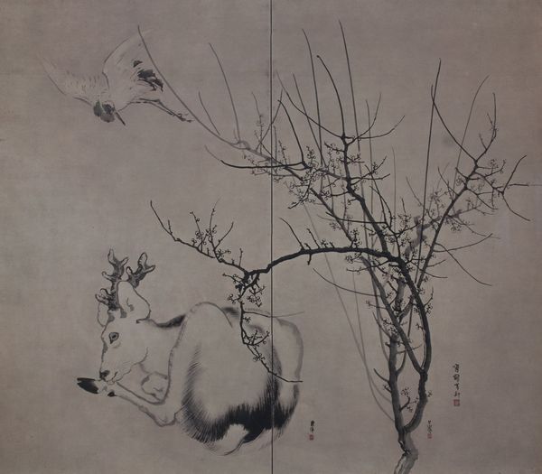 Print by Japan Print titled “Deer, Stork on the Wing & Plum Blossoms”, 22 × 18.5 inches
