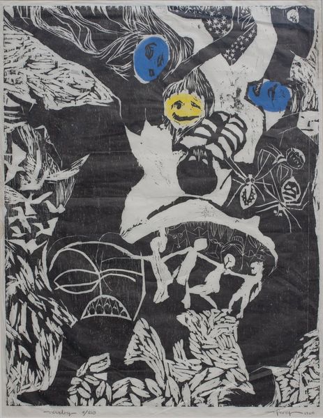 Woodcut by Rodolpho Perez titled “Revelry”, 22 × 28 inches