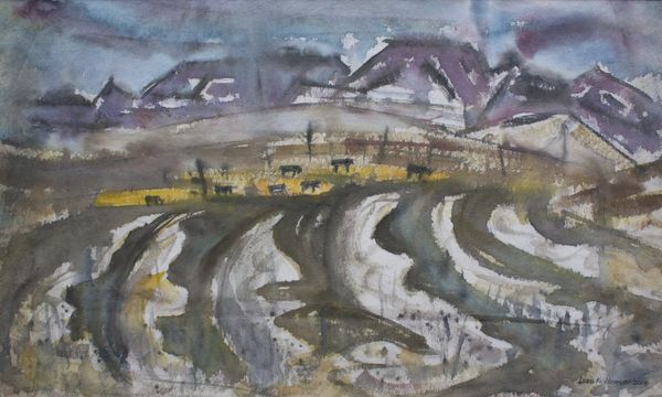 Watercolor by Louis Kollmeyer titled “Montana Ranch”, 33.5 × 20 inches