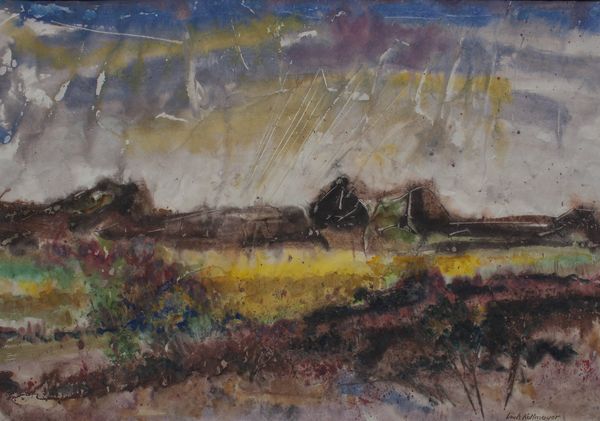 Watercolor by Louis Kollmeyer titled “Untitled (Prairie Scene)”, 29 × 21 inches