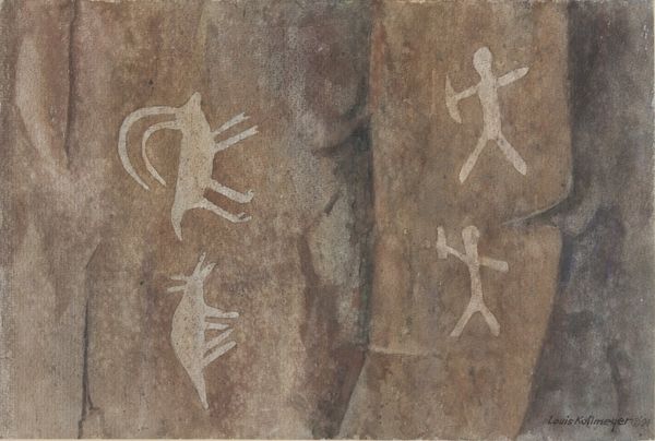 Watercolor by Louis Kollmeyer titled “Animal Chase Petroglyph”, 21 × 14 inches