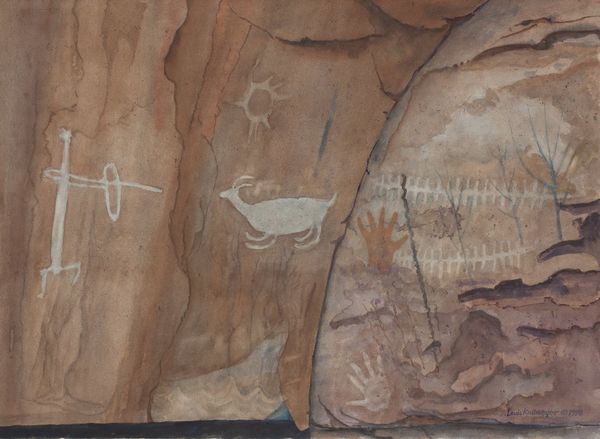 Watercolor by Louis Kollmeyer titled “Bowman Animal and Hand Prints (Pictograph)”, 29 × 21.25 inches