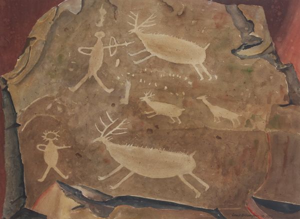 Watercolor by Louis Kollmeyer titled “Bowman with Elk (Petroglyph)”, 29 × 21 inches