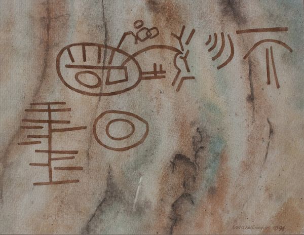 Watercolor by Louis Kollmeyer titled “Eastern Oregon Pictograph”, 17.5 × 13.5 inches