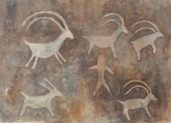 Watercolor by Louis Kollmeyer titled “Figure Surrounded By Animals (petroglyph)”, 29.5 × 21.5 inches
