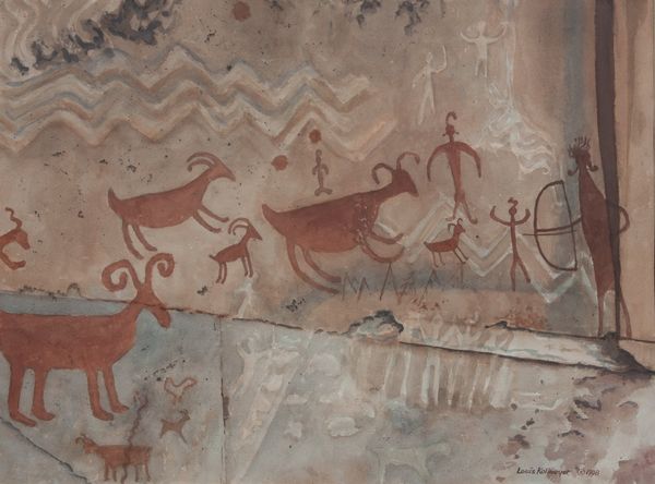 Watercolor by Louis Kollmeyer titled “Figures With Bowman & Animals (Pictograph)”, 29 × 21 inches