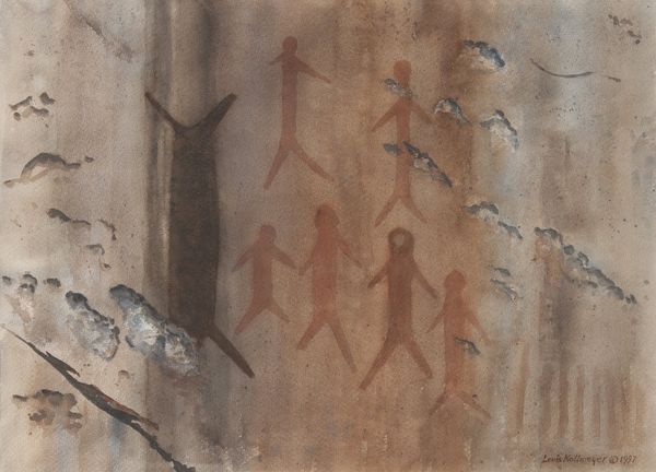 Watercolor by Louis Kollmeyer titled “Figures with Animal (Pictograph)”, 21 × 29 inches