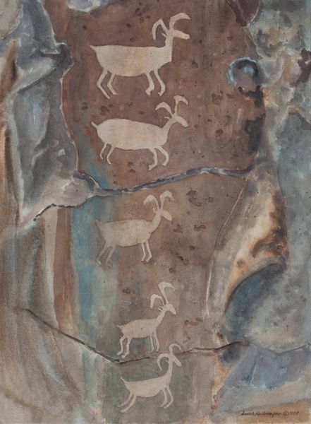 Watercolor by Louis Kollmeyer titled “Five Mountain Sheep (petroglyph)”, 29 × 21.5 inches