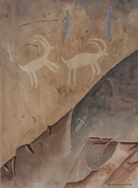Watercolor by Louis Kollmeyer titled “Human Figures With Two Mountain Sheep (pictograph)”, 29 × 21.5 inches