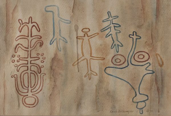 Watercolor by Louis Kollmeyer titled “Insects, Plant & Salamander Pictograph”, 21 × 14 inches