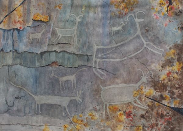 Watercolor by Louis Kollmeyer titled “Mountain Sheep & Dogs (Petroglyph:Pictograph)”, 29 × 21 inches