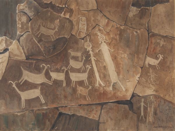 Watercolor by Louis Kollmeyer titled “Multiple Animals & Human Figures (Petroglyph)”, 21.5 × 29 inches
