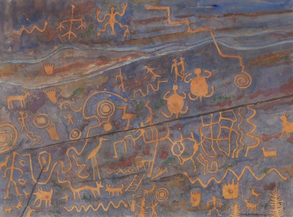 Watercolor by Louis Kollmeyer titled “Sinagua Dance Petroglyph Beavercreek, AZ”, 21.5 × 29 inches