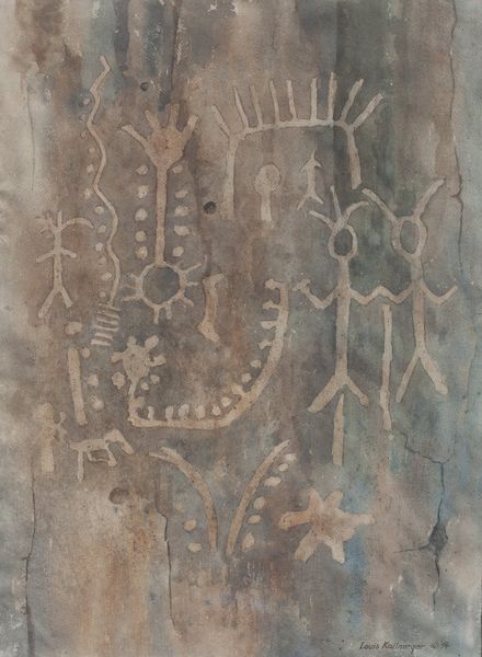 Watercolor by Louis Kollmeyer titled “Twin Figures 2:Multiple Images Petroglyph”, 21.5 × 29 inches