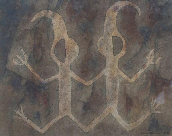 Watercolor by Louis Kollmeyer titled “Twin Spirit Figures (Pictograph:Petroglyph)”, 20.5 × 16.5 inches