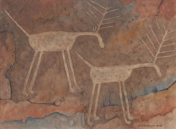 Watercolor by Louis Kollmeyer titled “Two Deer (Petroglyph)”, 29 × 21.5 inches