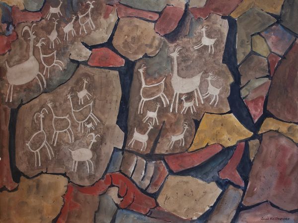 Watercolor by Louis Kollmeyer titled “Untitled Animal Petroglyph (Sheep:Goats)”