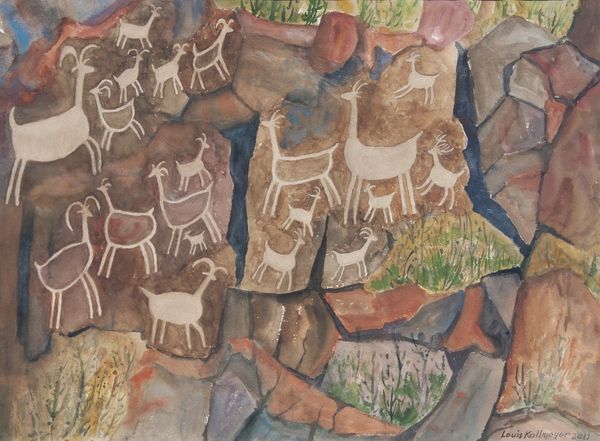 Watercolor by Louis Kollmeyer titled “Untitled Animal Petroglyph 2011 (Sheep:Goats)”