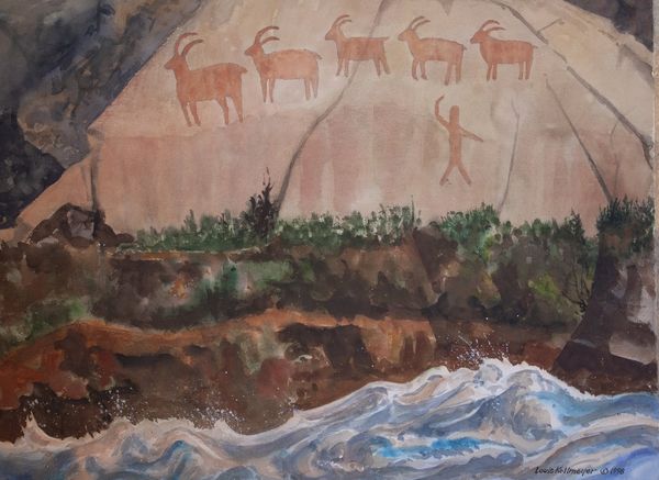 Watercolor by Louis Kollmeyer titled “Untitled Petroglyph:Pictograph (Hunter)”, 21 × 29 inches