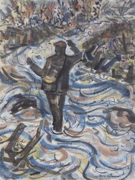 Watercolor by Louis Kollmeyer titled “Fisherman”, 28 × 20.5 inches