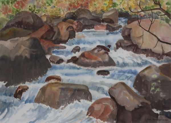 Watercolor by Louis Kollmeyer titled “Rocky Mountain Stream”, 29 × 21.5 inches