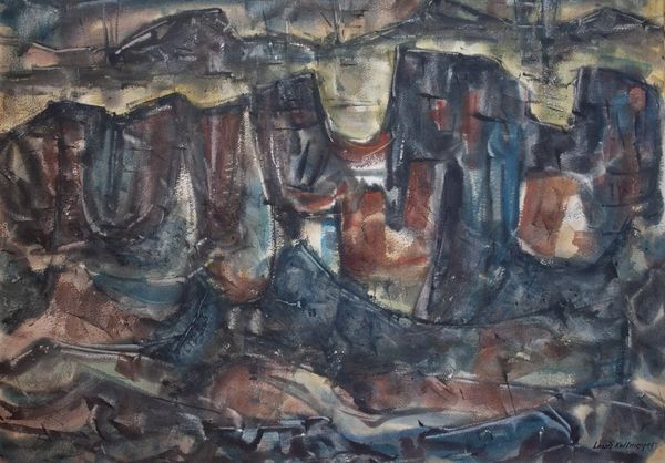 Watercolor by Louis Kollmeyer titled “Untitled (Canyon wall & river)”, 21 × 29 inches