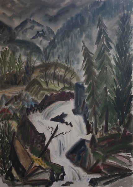 Watercolor by Louis Kollmeyer titled “Untitled (Waterfall)”, 29 × 21 inches