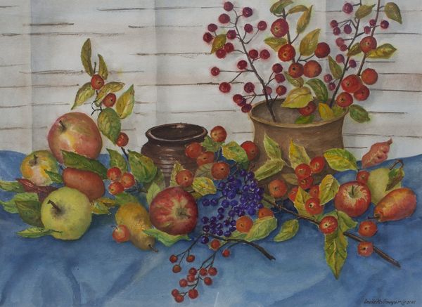 Watercolor by Louis Kollmeyer titled “October Fruit”, 29 × 21 inches
