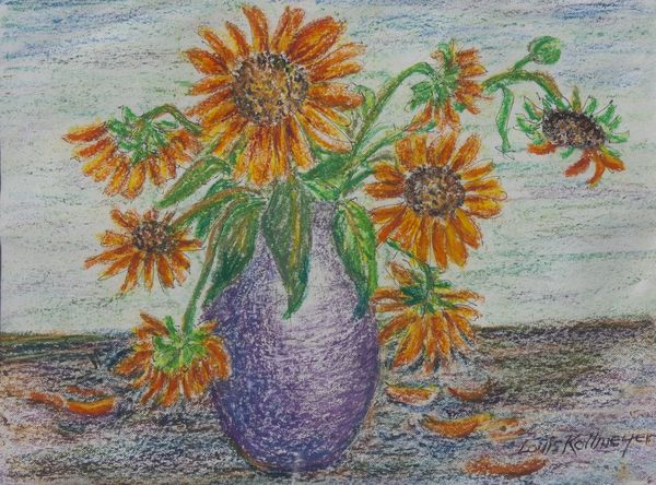 Oil Pastel by Louis Kollmeyer titled “Still Life Vase with Balsamroot”, 11.5 × 8.5 inches