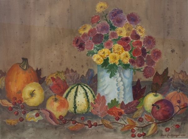 Watercolor by Louis Kollmeyer titled “Studio Still Life Fall Harvest”, 29 × 21.5 inches