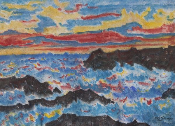 Watercolor by Louis Kollmeyer titled “Coastal Sea, Evening Sky”, 21 × 29 inches