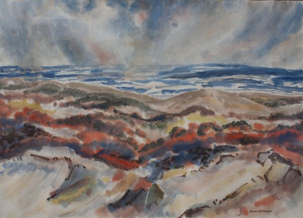 Watercolor by Louis Kollmeyer titled “Sea & Sand Dunes”, 29 × 21.5 inches