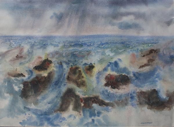 Watercolor by Louis Kollmeyer titled “Sea Squall With Coral Reef”, 29 × 21.5 inches