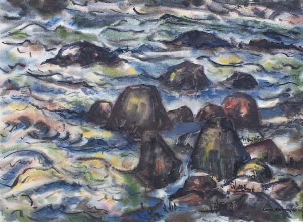Watercolor by Louis Kollmeyer titled “Untitled (Ocean Shore w: Rocks)”, 29 × 21 inches