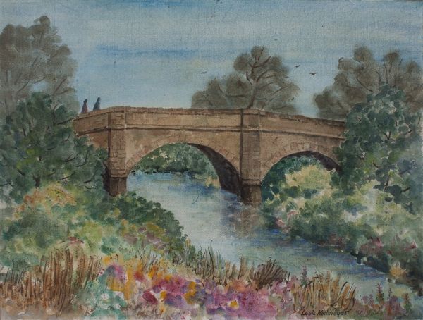 Watercolor by Louis Kollmeyer titled “Bridge at Otterton”, 22 × 16.75 inches