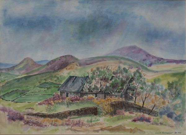 Watercolor by Louis Kollmeyer titled “Irish Famine Houses”, 21 × 29 inches