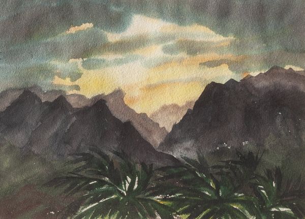 Watercolor by Louis Kollmeyer titled “Oahu Evening”, 13.5 × 9.5 inches