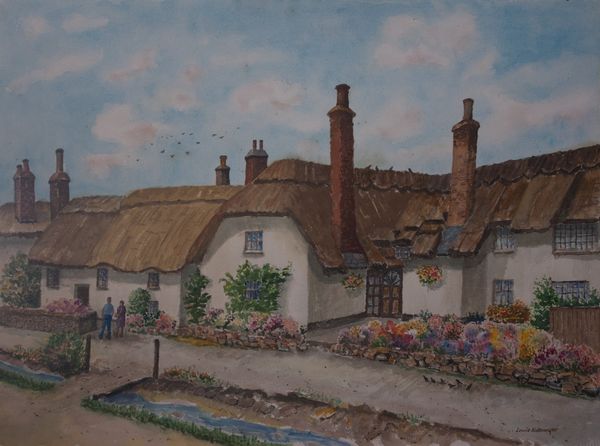Watercolor by Louis Kollmeyer titled “Thatched Cottages, Otterton”, 29 × 21 inches