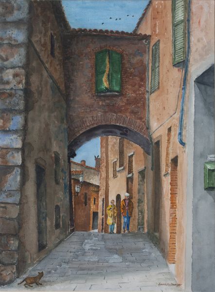 Watercolor by Louis Kollmeyer titled “Village Street In Tuscany”, 29 × 21.5 inches