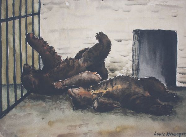 Watercolor by Louis Kollmeyer titled “Zoo Bears at Play”, 19.5 × 14.5 inches