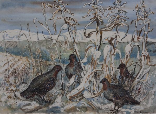 Watercolor by Louis Kollmeyer titled “High Country Partridges”, 29 × 21 inches